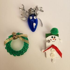 Homemade Set of 3 Christmas Brooches A Snowman, Reindeer and a Wreath